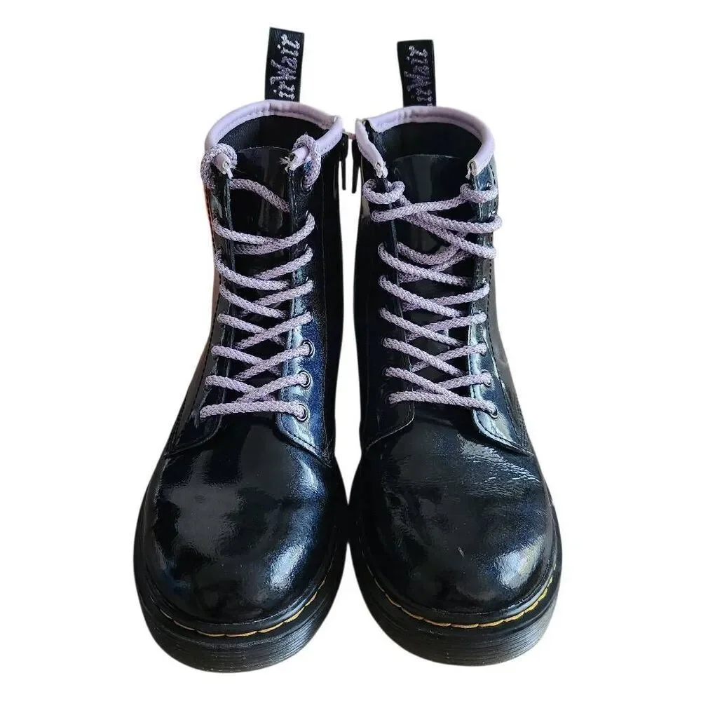 Dr Martens Boots Youth Girls Size 4 1460 Shimmer Heart Lace Up Black Purple Grun